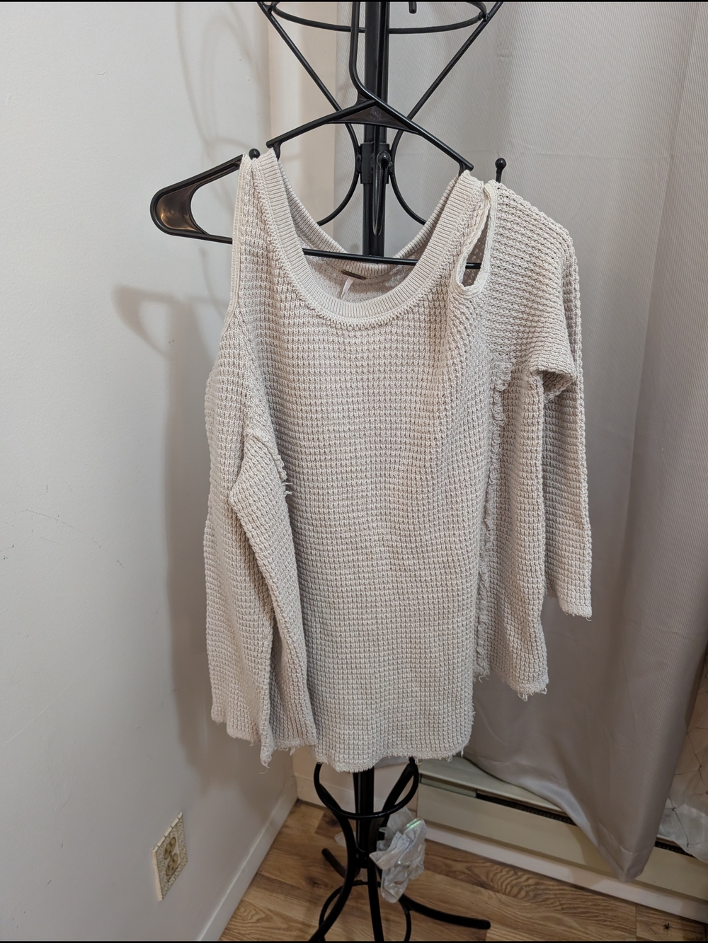 Free People Cream Off-Shoulder Waffle Knit Sweater Size Large